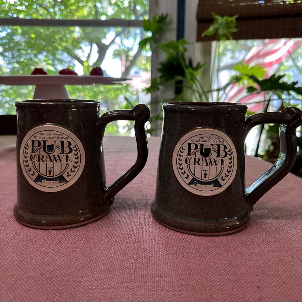 Set of 2 2016 Michigan Renaissance Festival Pub Crawl Beer Mugs Grey Fox Pottery